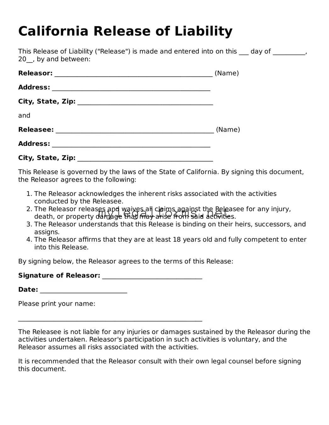 Release of Liability Document for California State
