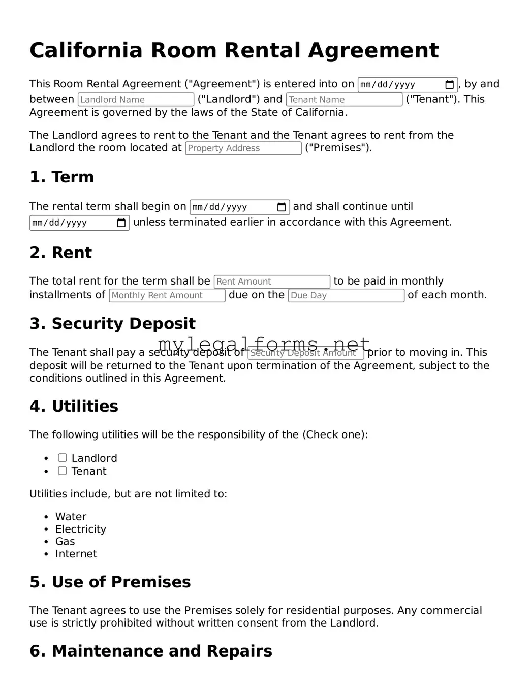 Room Rental Agreement Document for California State