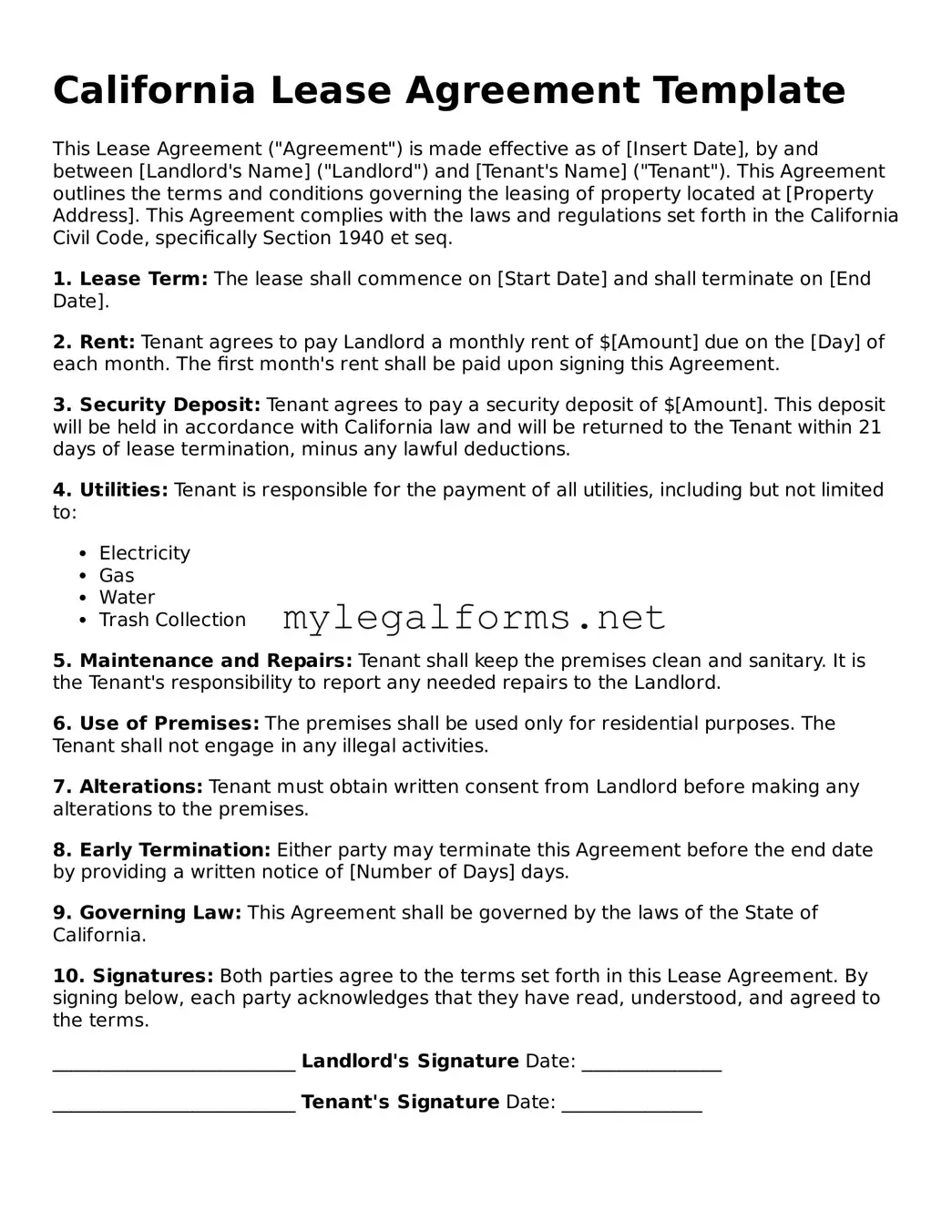 Lease Agreement Document for California State