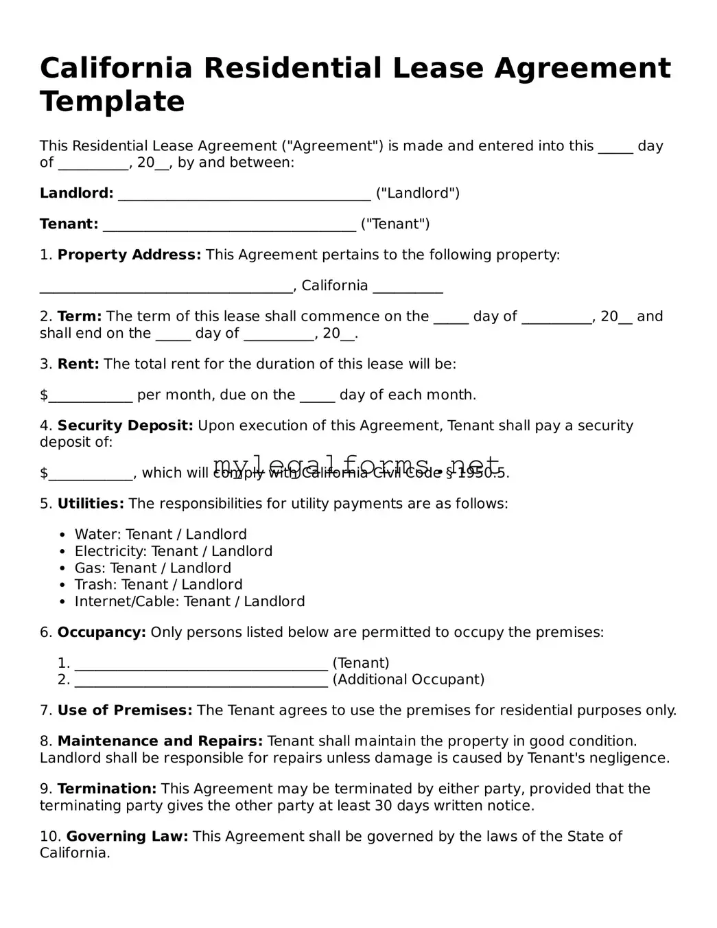 Residential Lease Agreement Document for California State
