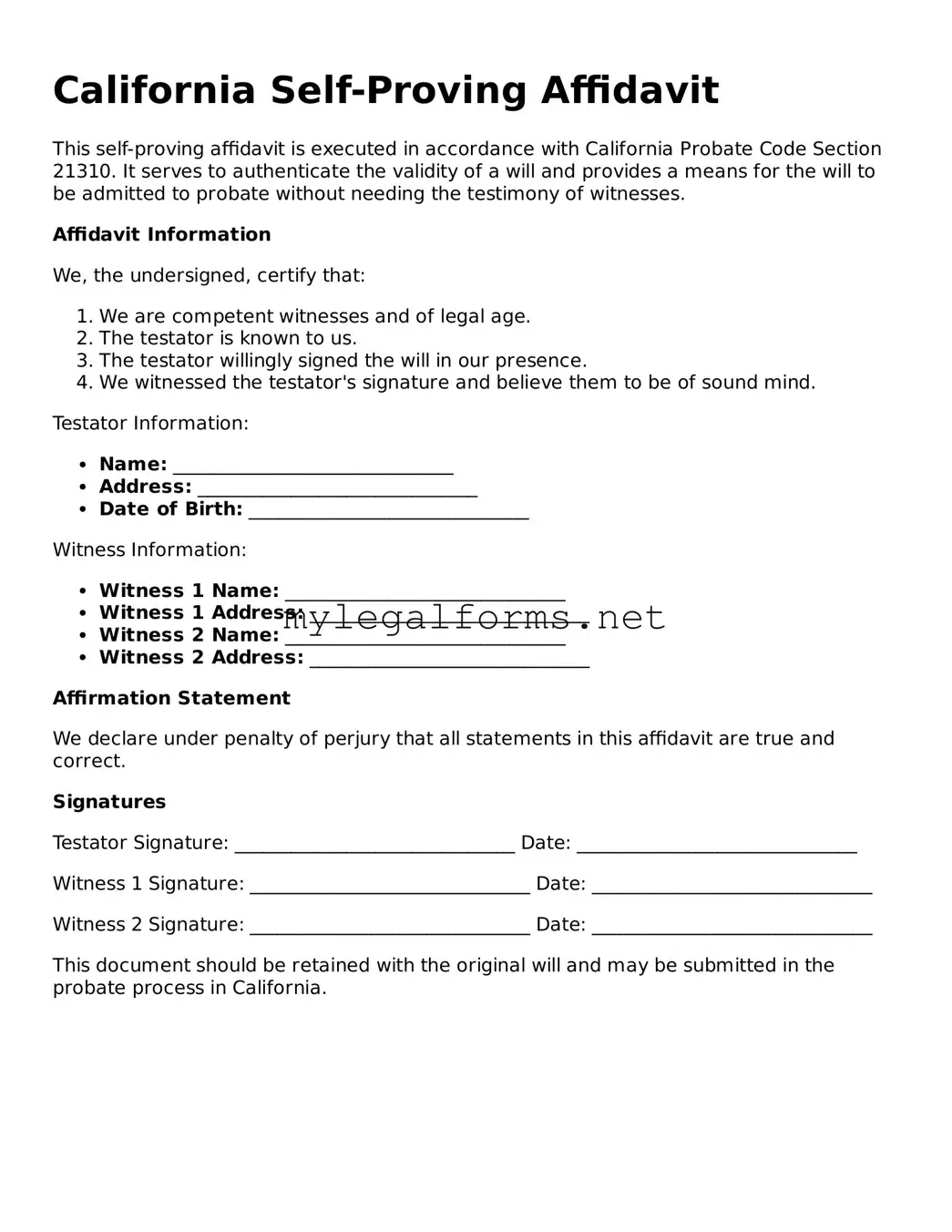 Self-Proving Affidavit Document for California State