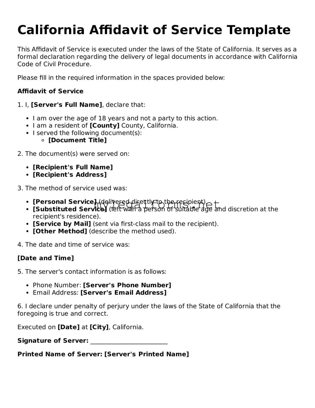 Affidavit of Service Document for California State