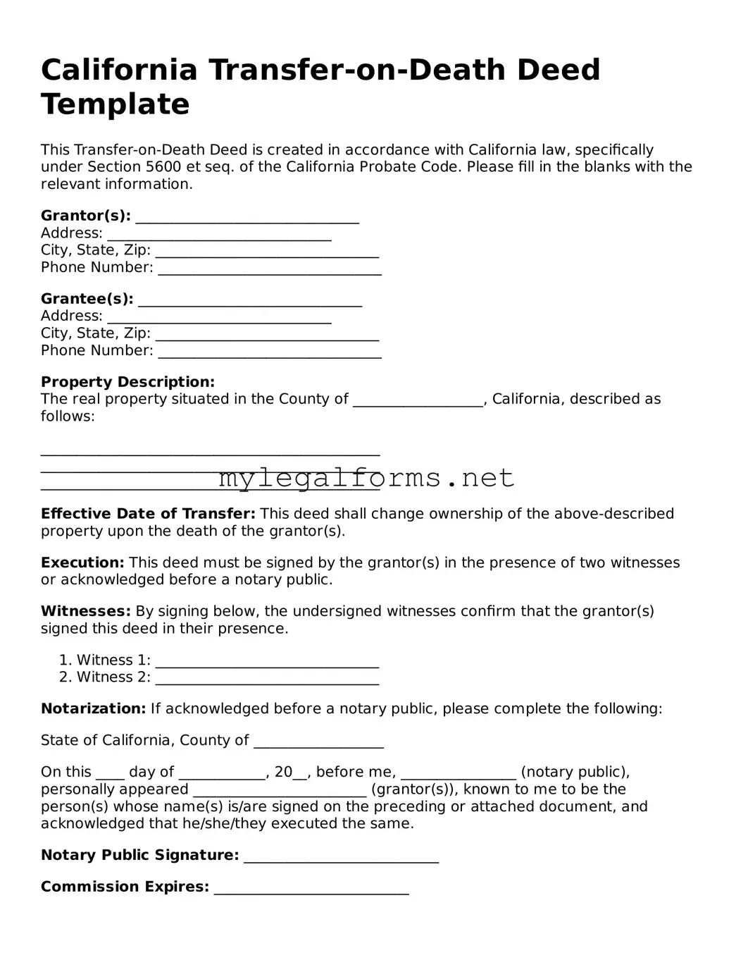 Transfer-on-Death Deed Document for California State