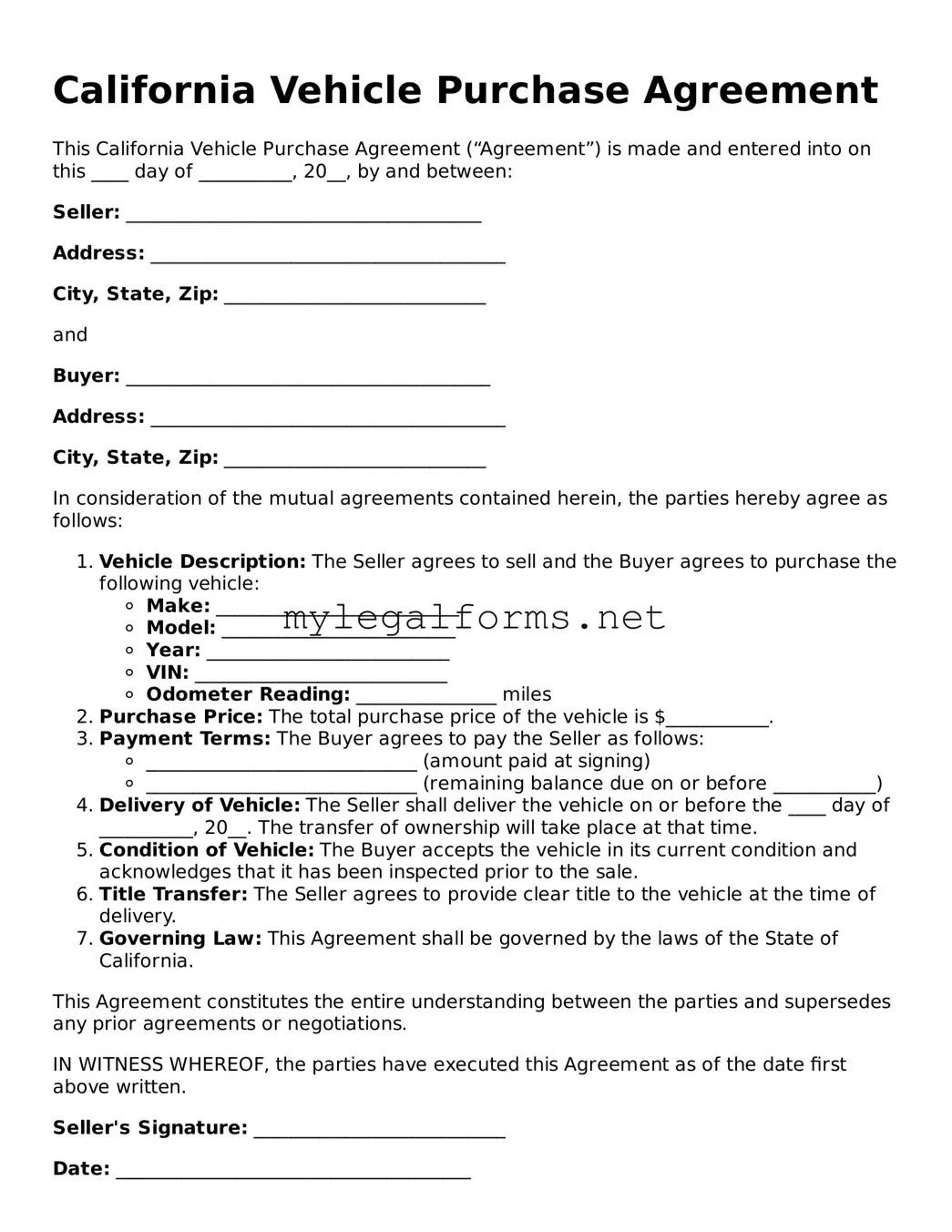 Vehicle Purchase Agreement Document for California State