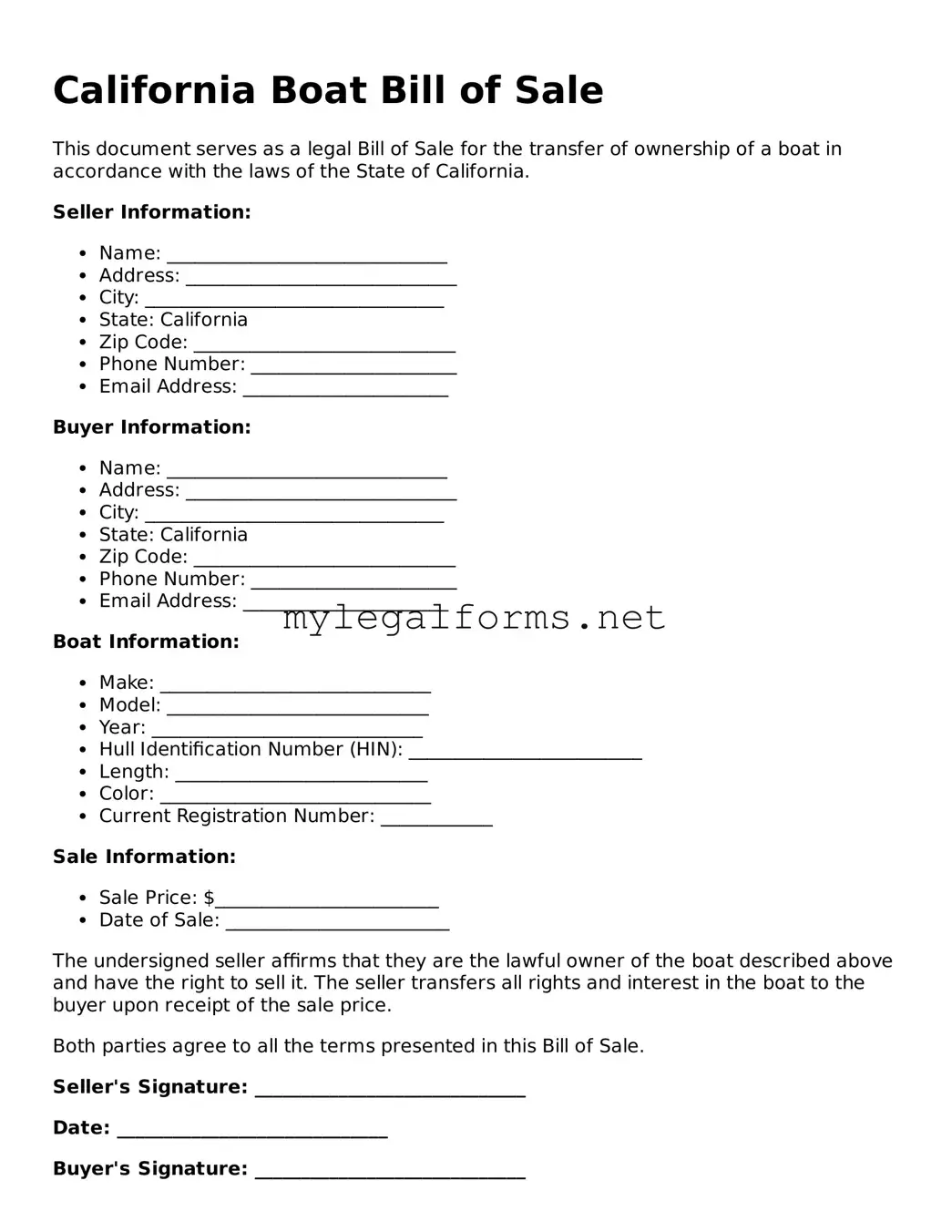 Boat Bill of Sale Document for California State