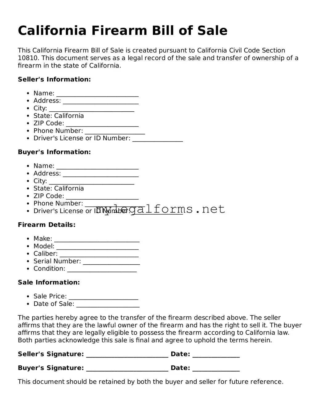 Firearm Bill of Sale Document for California State