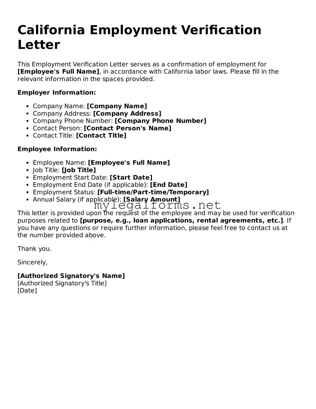 Employment Verification Document for California State
