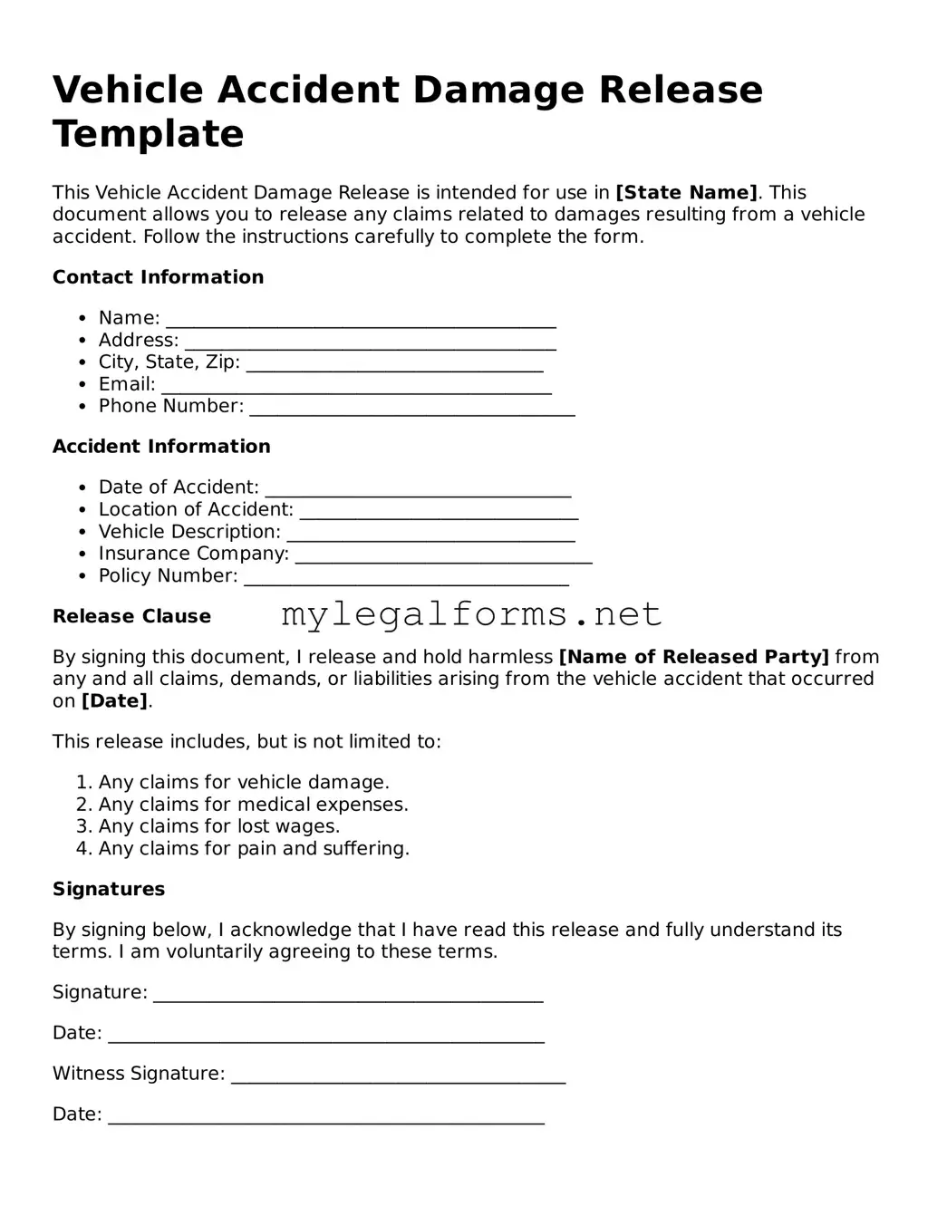 Attorney-Approved Vehicle Accident Damage Release Form