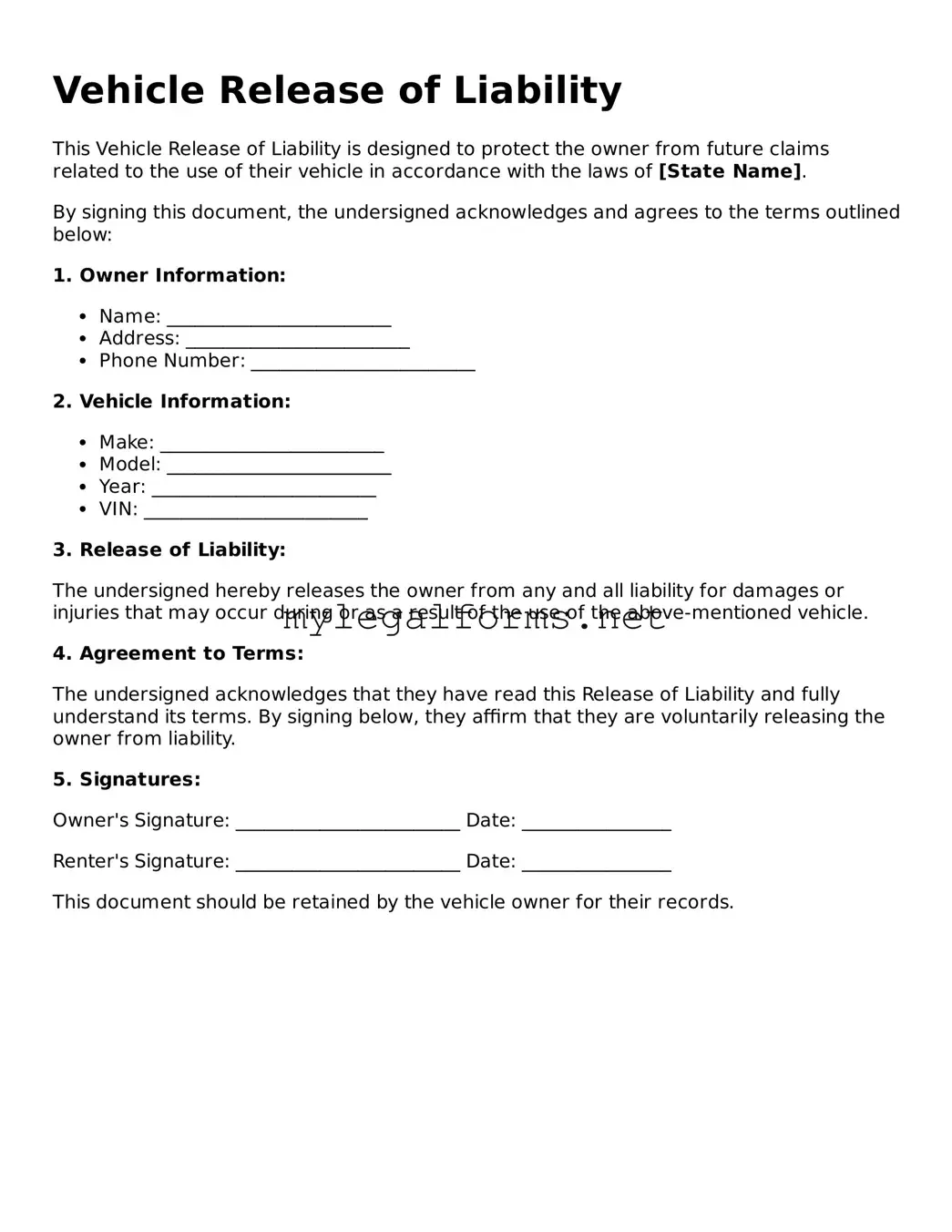 Attorney-Approved Vehicle Release of Liability Form