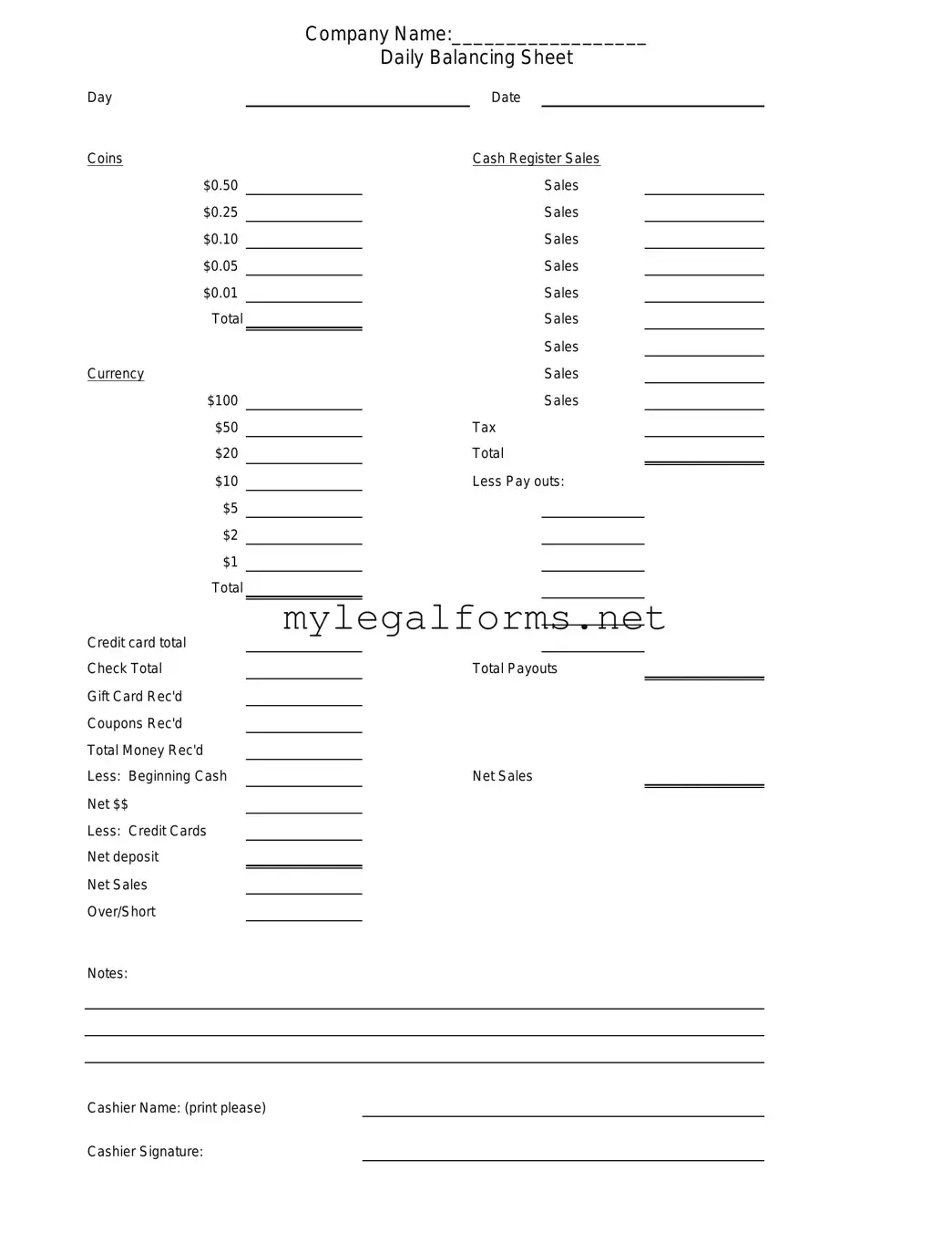 Cash Drawer Count Sheet Template