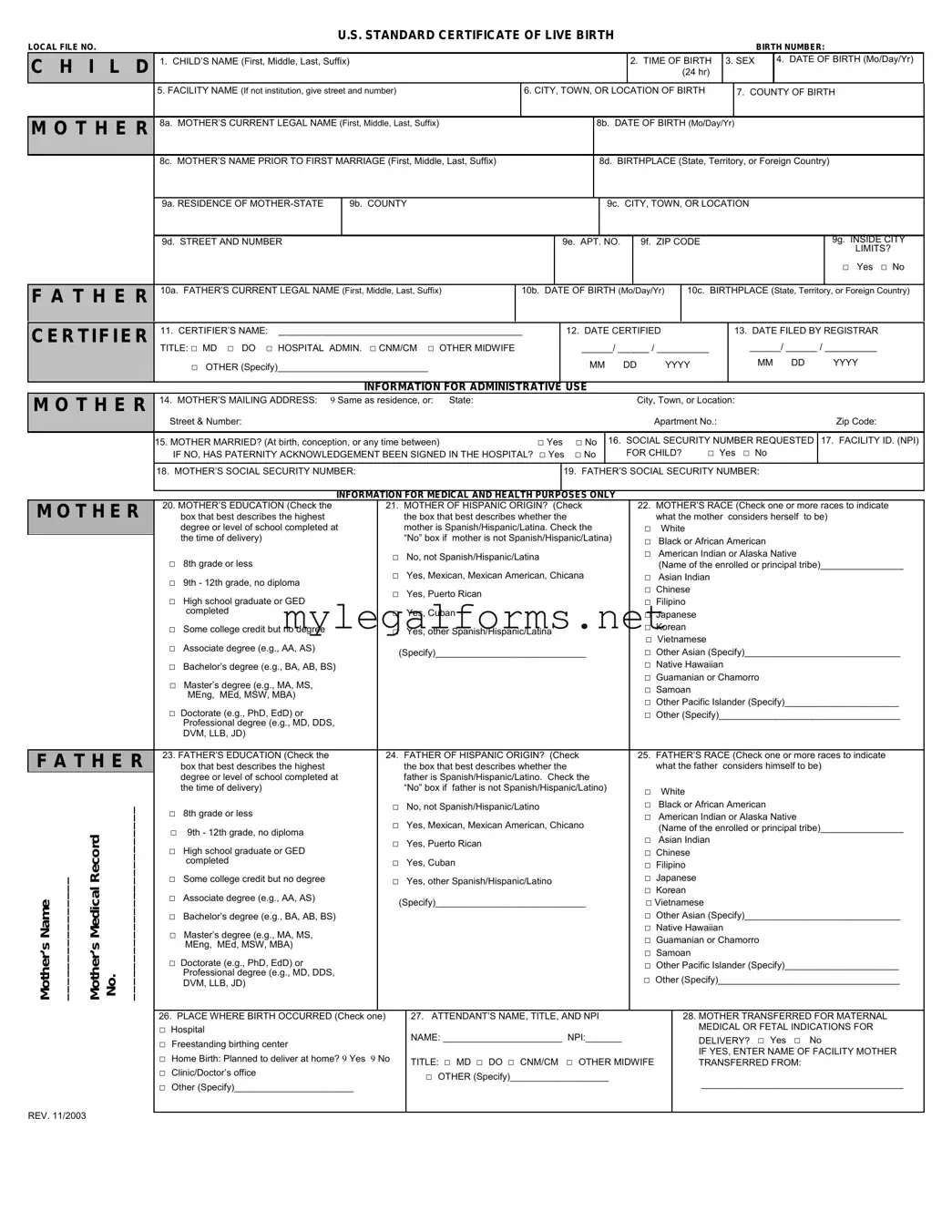 CDC U.S. Standard Certificate of Live Birth Template