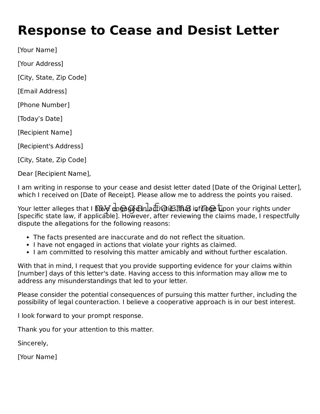 Attorney-Approved Response to a Cease and Desist Letter Form