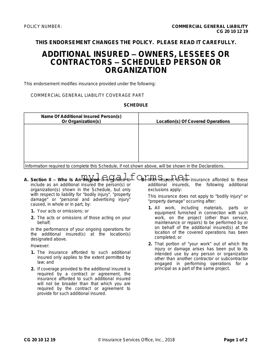 Cg 20 10 07 04 Liability Endorsement Template