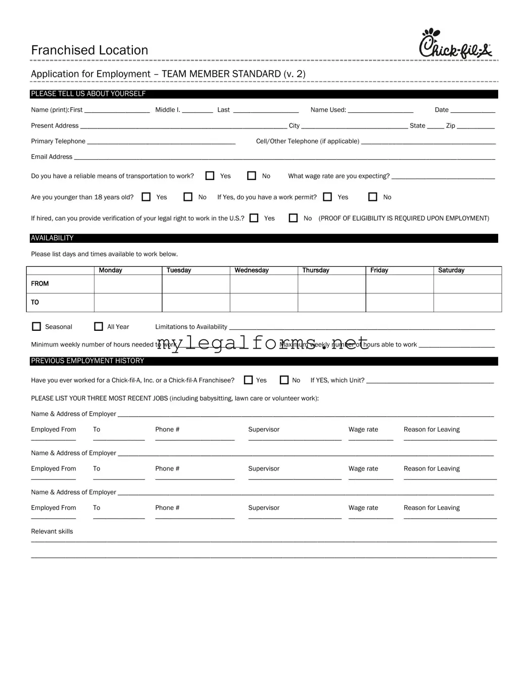 Chick Fil A Job Application Template