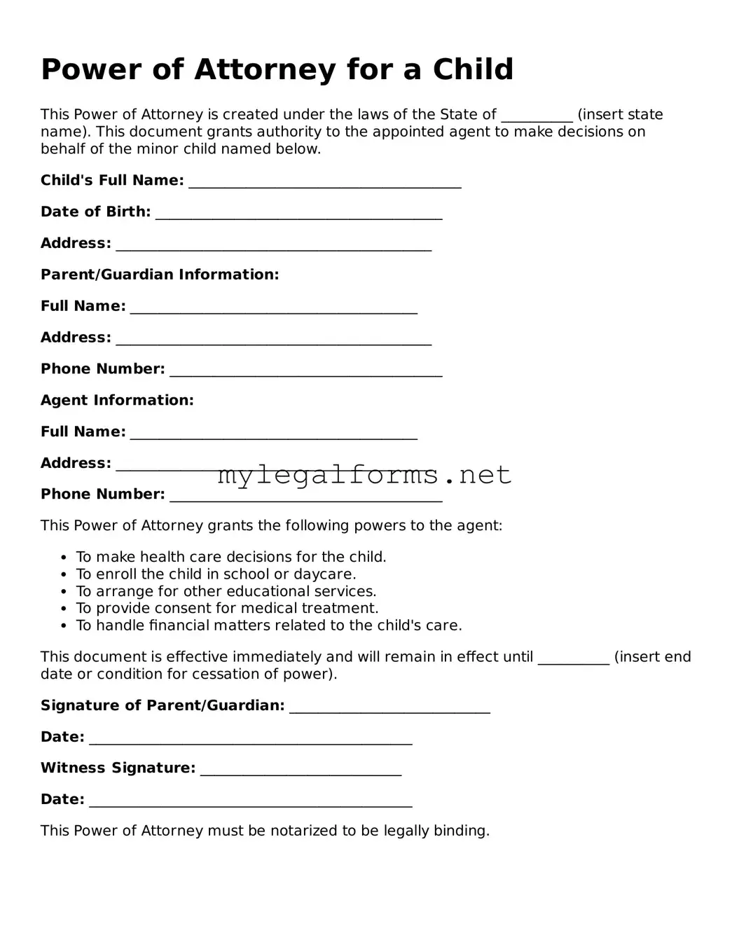 Attorney-Approved Power of Attorney for a Child Form