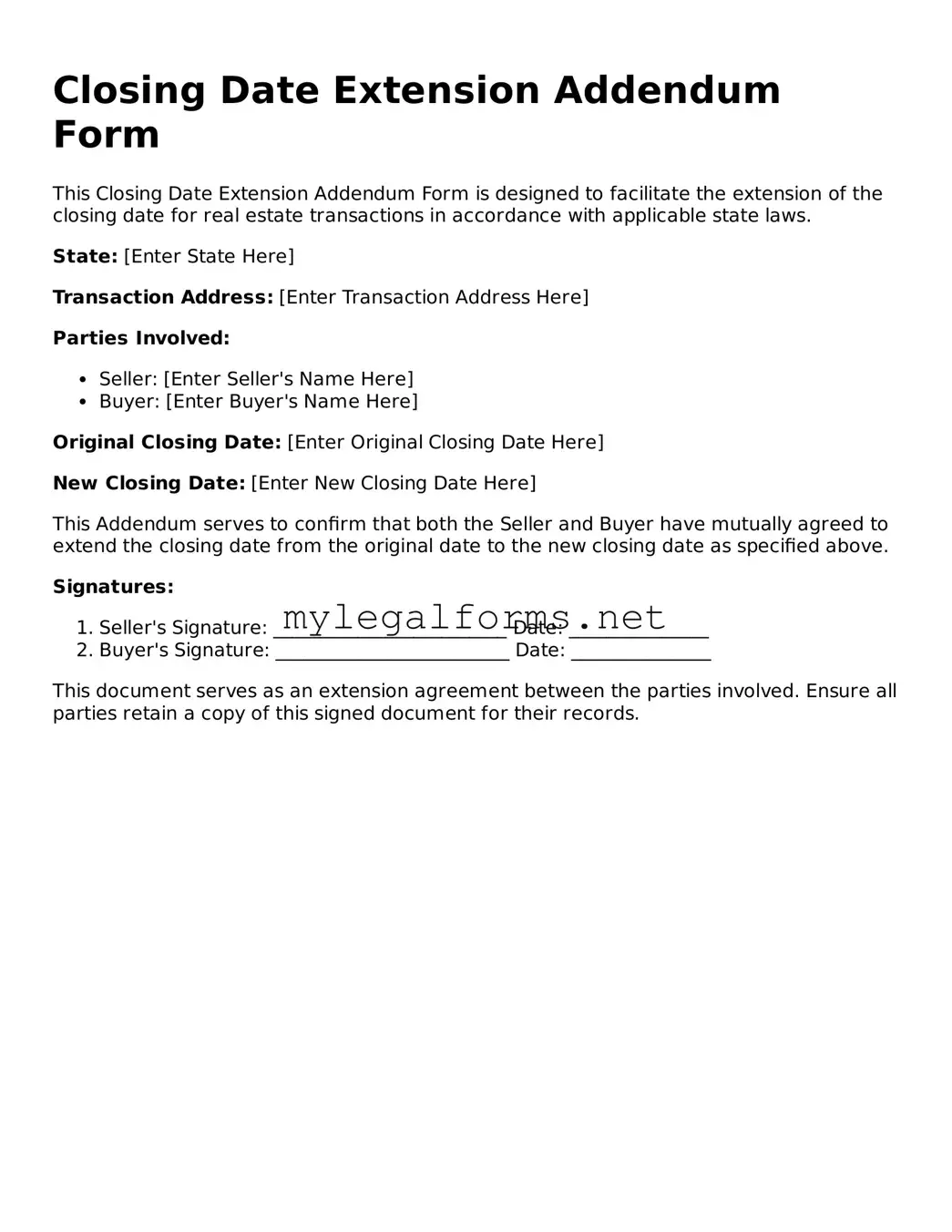 Attorney-Approved Closing Date Extension Addendum Form Form