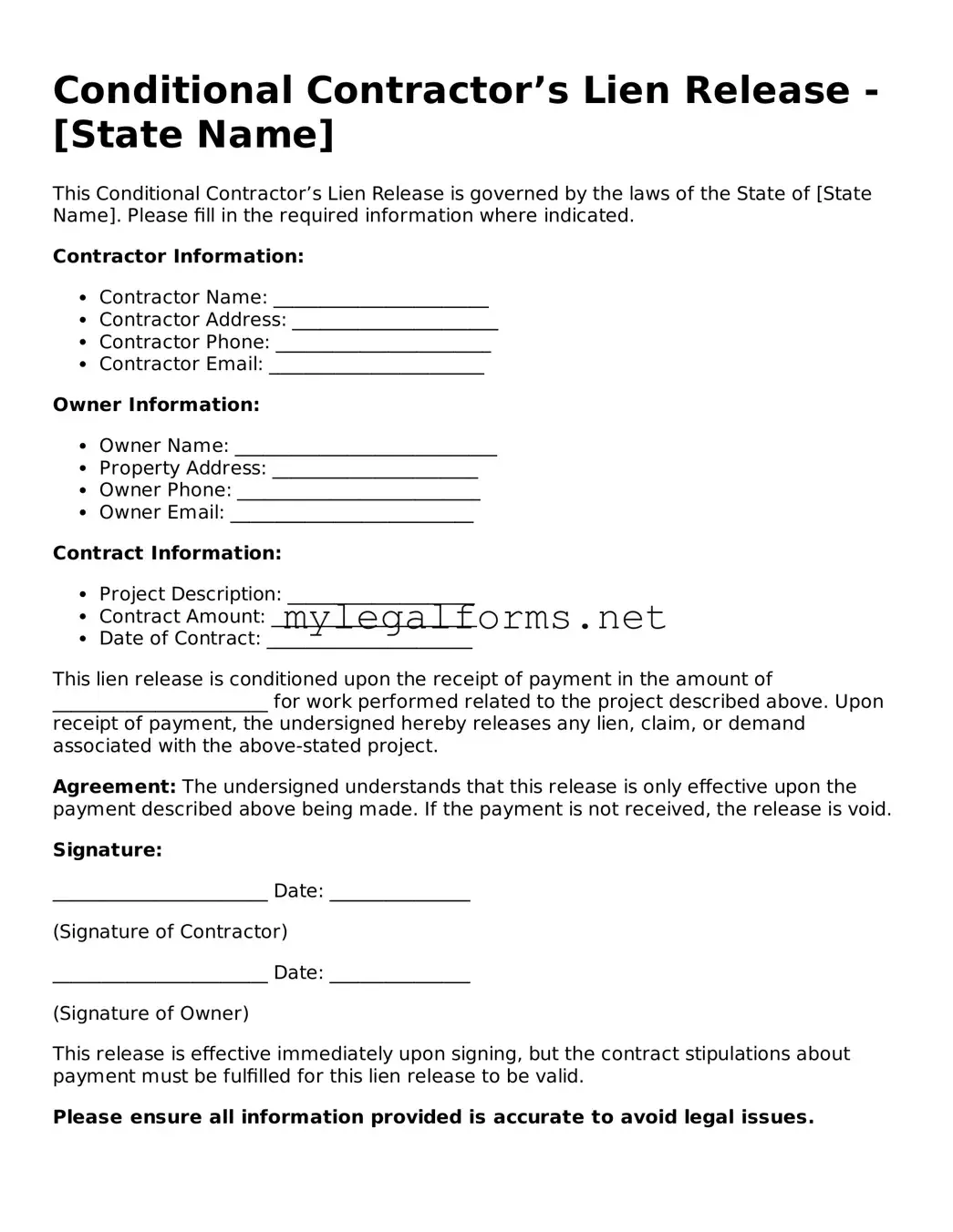 Attorney-Approved Conditional Contractor’s Lien Release Form