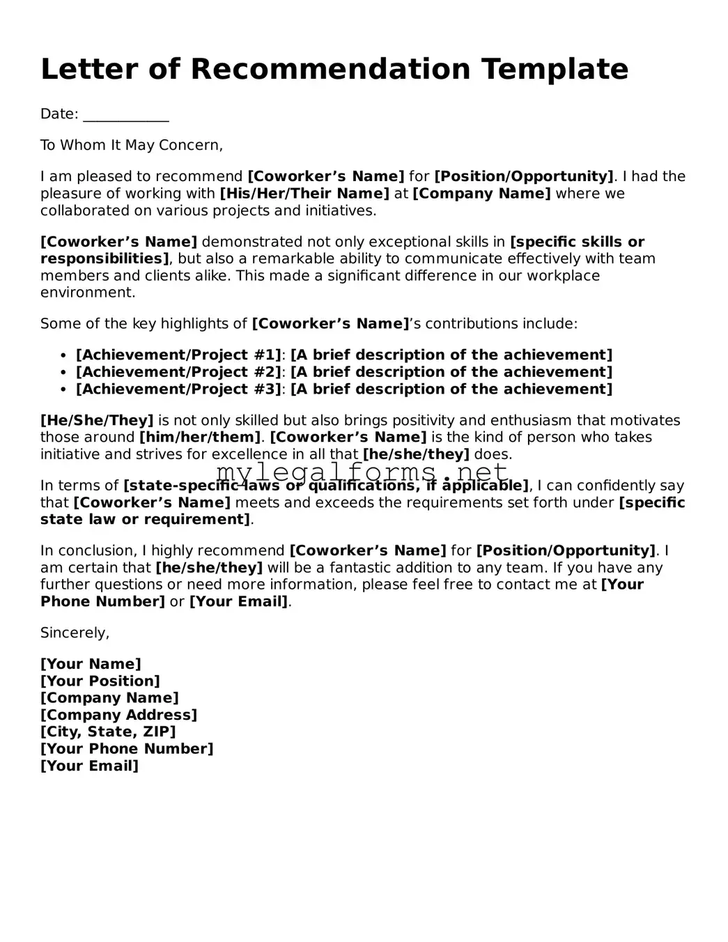 Attorney-Approved Letter of Recommendation for Coworker Form