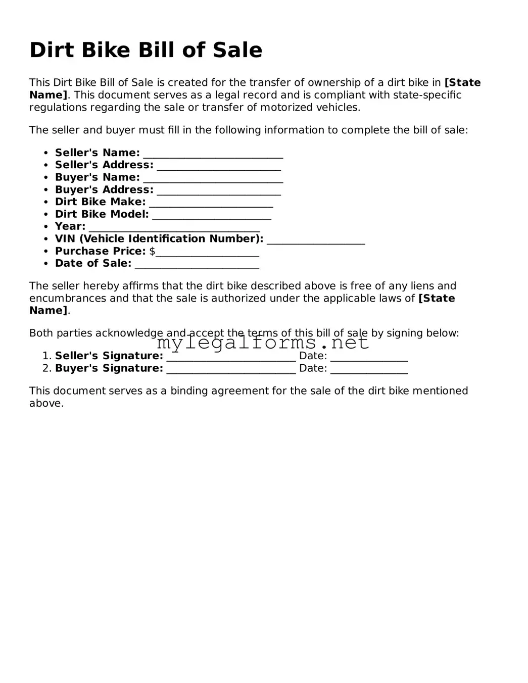 Attorney-Approved Dirt Bike Bill of Sale Form