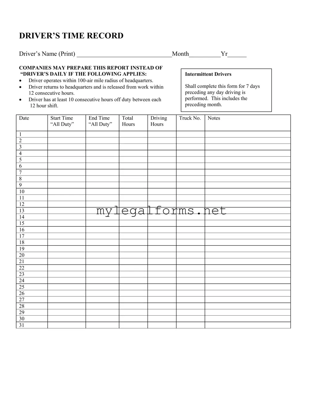 Driver Time Record Template