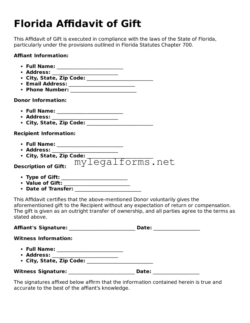Affidavit of Gift Document for Florida State