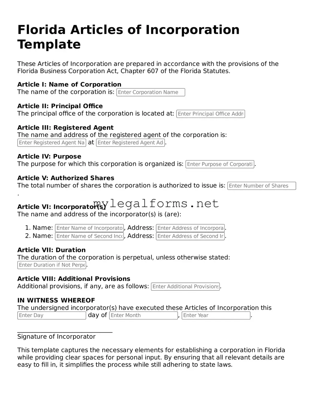 Articles of Incorporation Document for Florida State