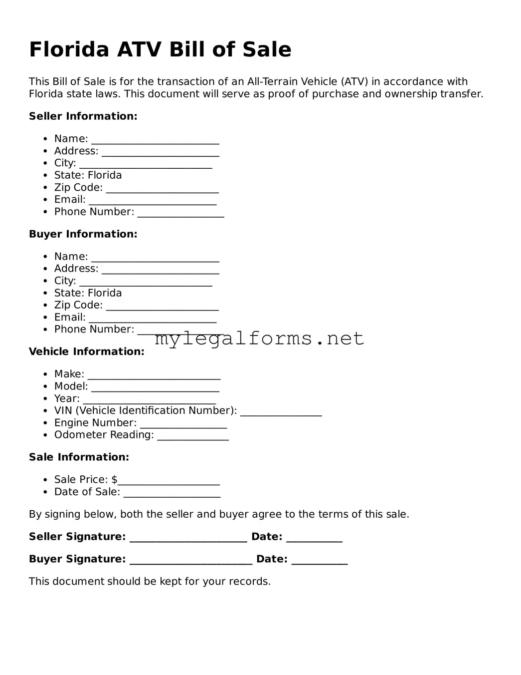 ATV Bill of Sale Document for Florida State