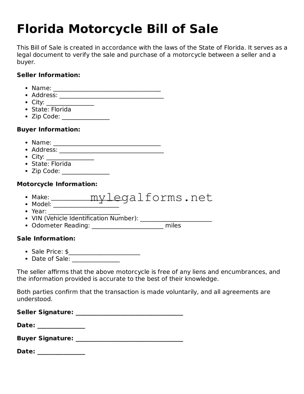 Motorcycle Bill of Sale Document for Florida State
