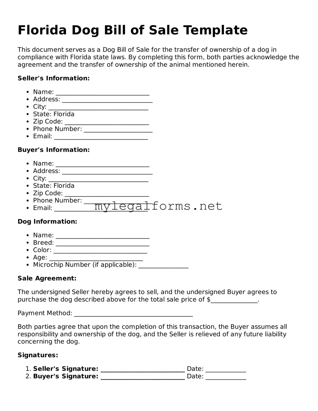 Dog Bill of Sale Document for Florida State