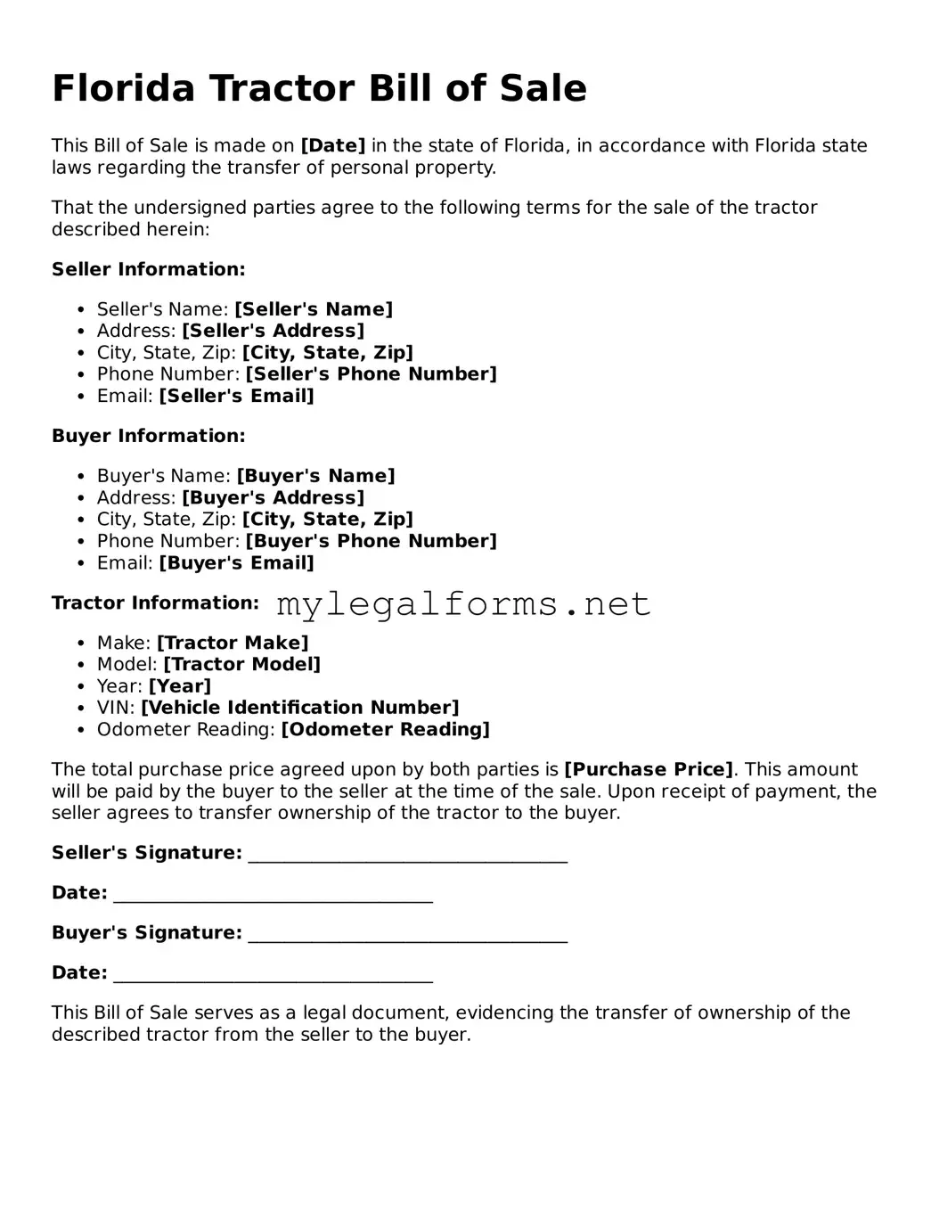 Tractor Bill of Sale Document for Florida State