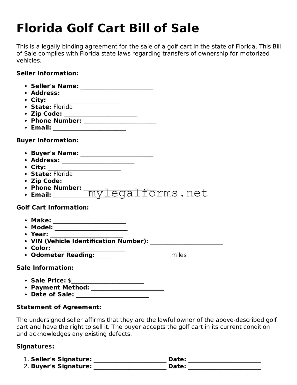 Golf Cart Bill of Sale Document for Florida State