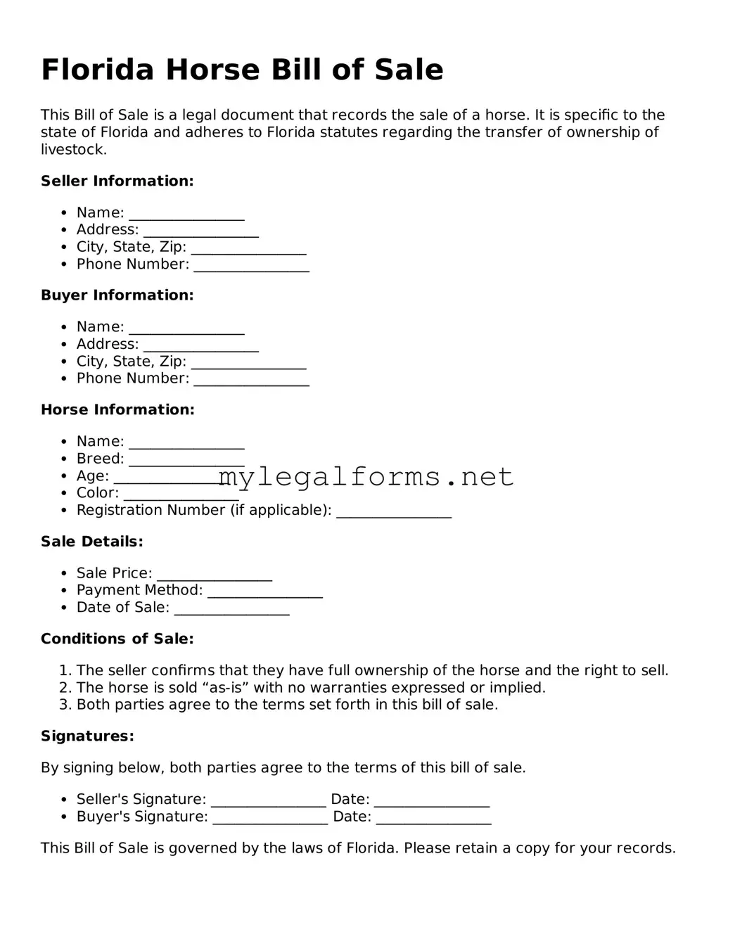 Horse Bill of Sale Document for Florida State