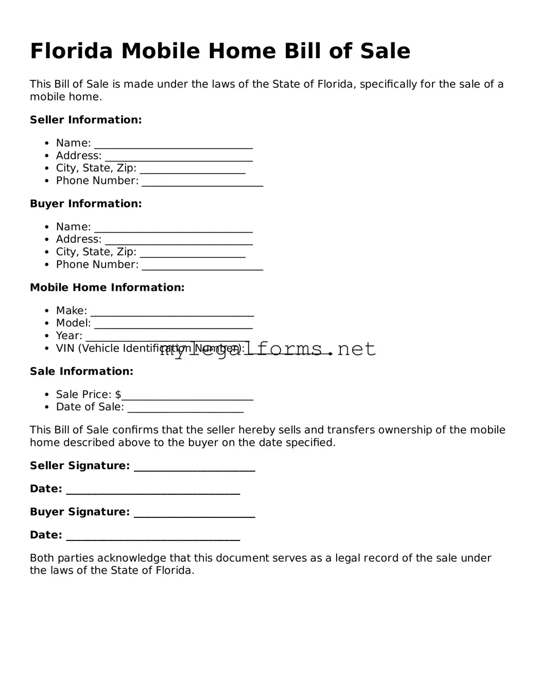 Mobile Home Bill of Sale Document for Florida State