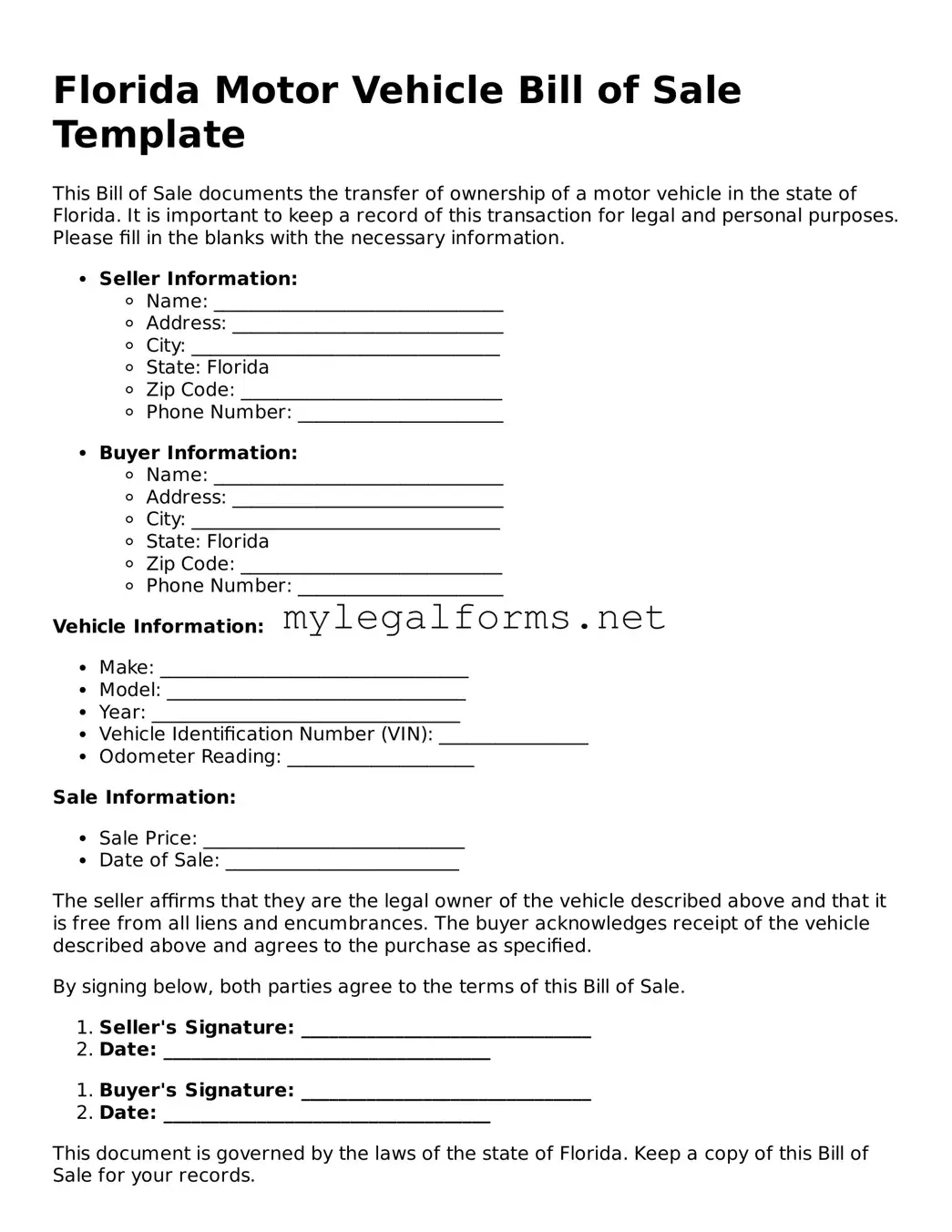 Motor Vehicle Bill of Sale Document for Florida State
