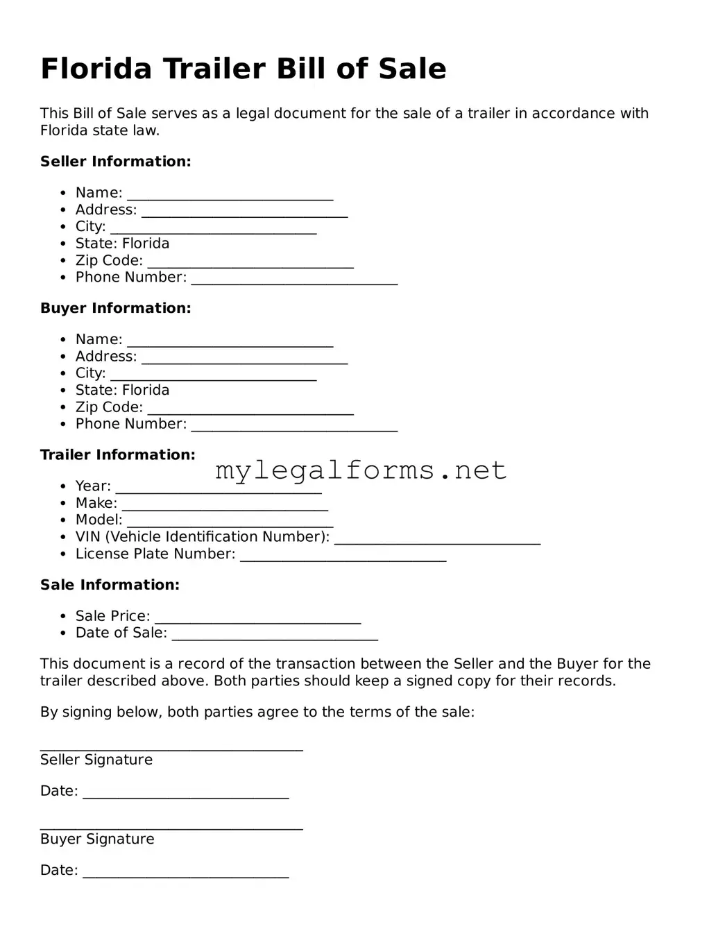 Trailer Bill of Sale Document for Florida State