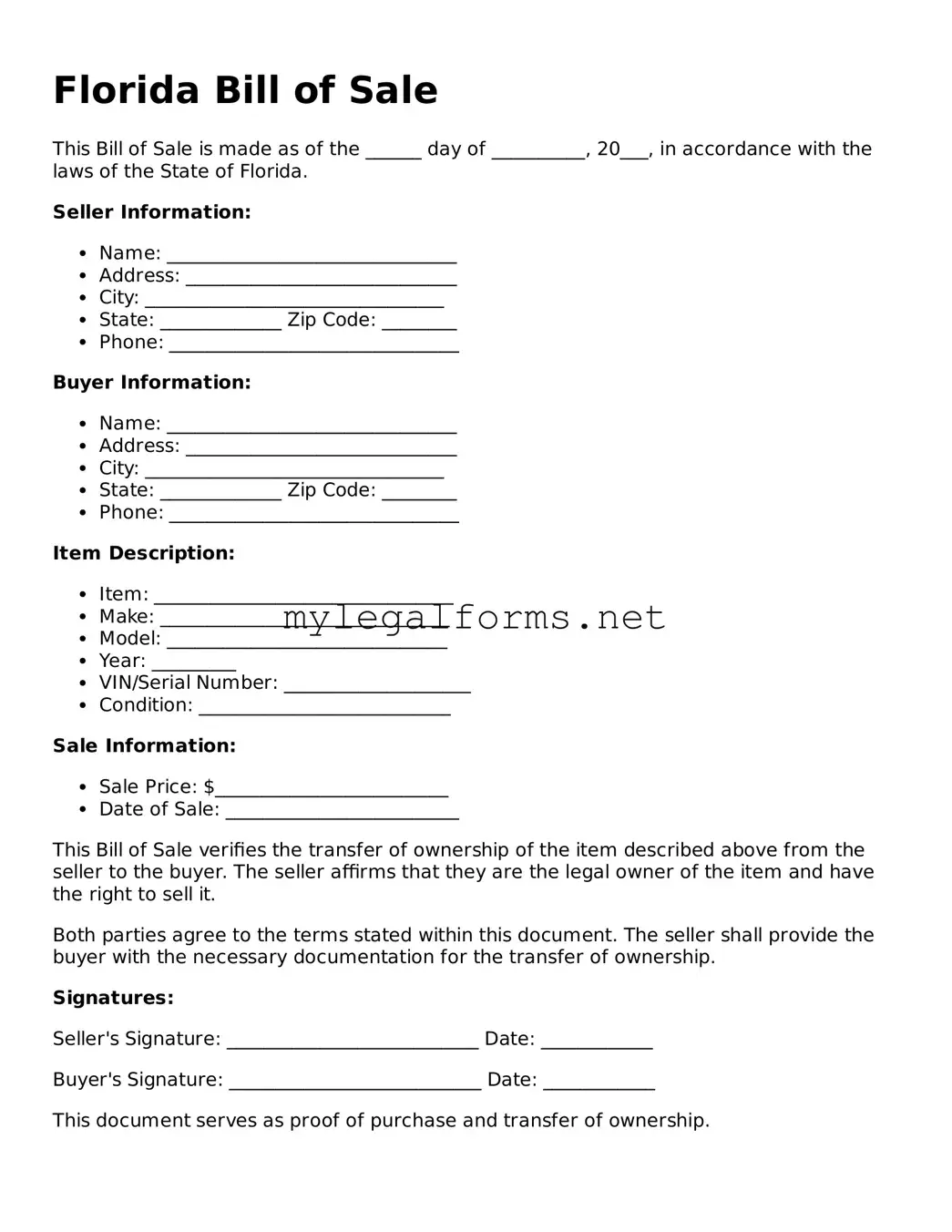 Bill of Sale Document for Florida State