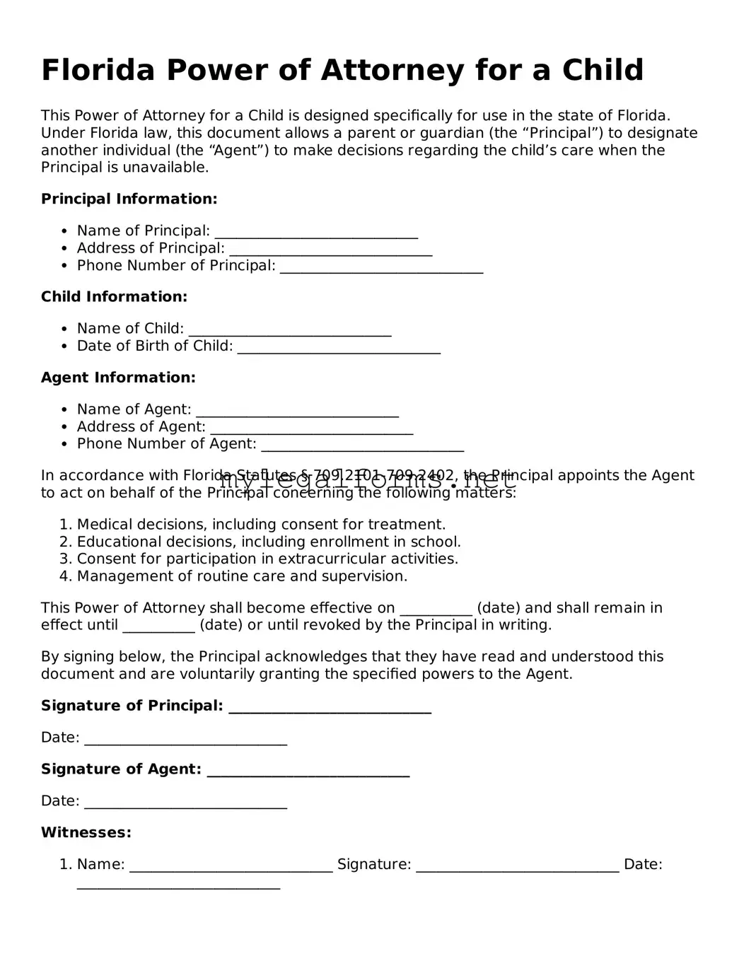 Power of Attorney for a Child Document for Florida State