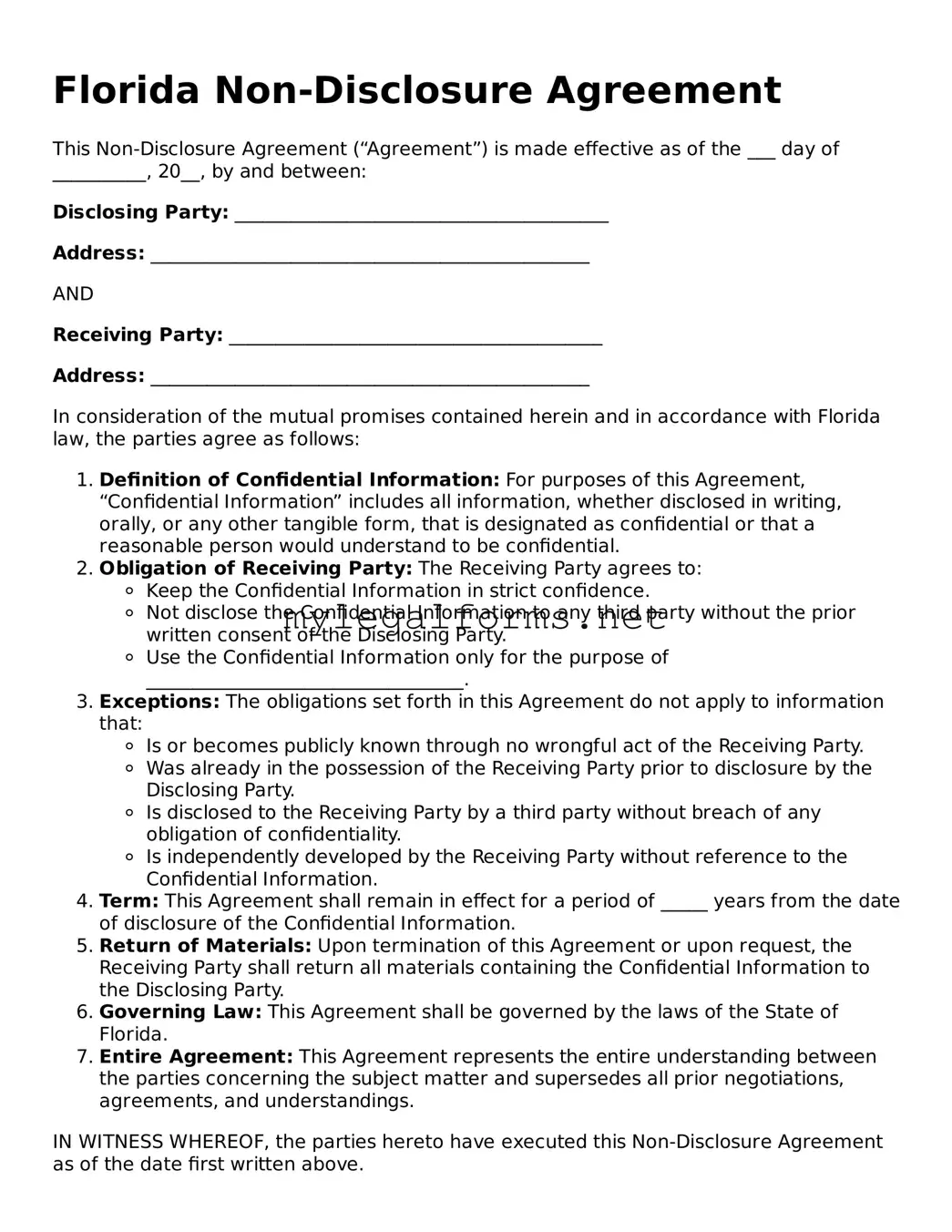 Non-disclosure Agreement Document for Florida State