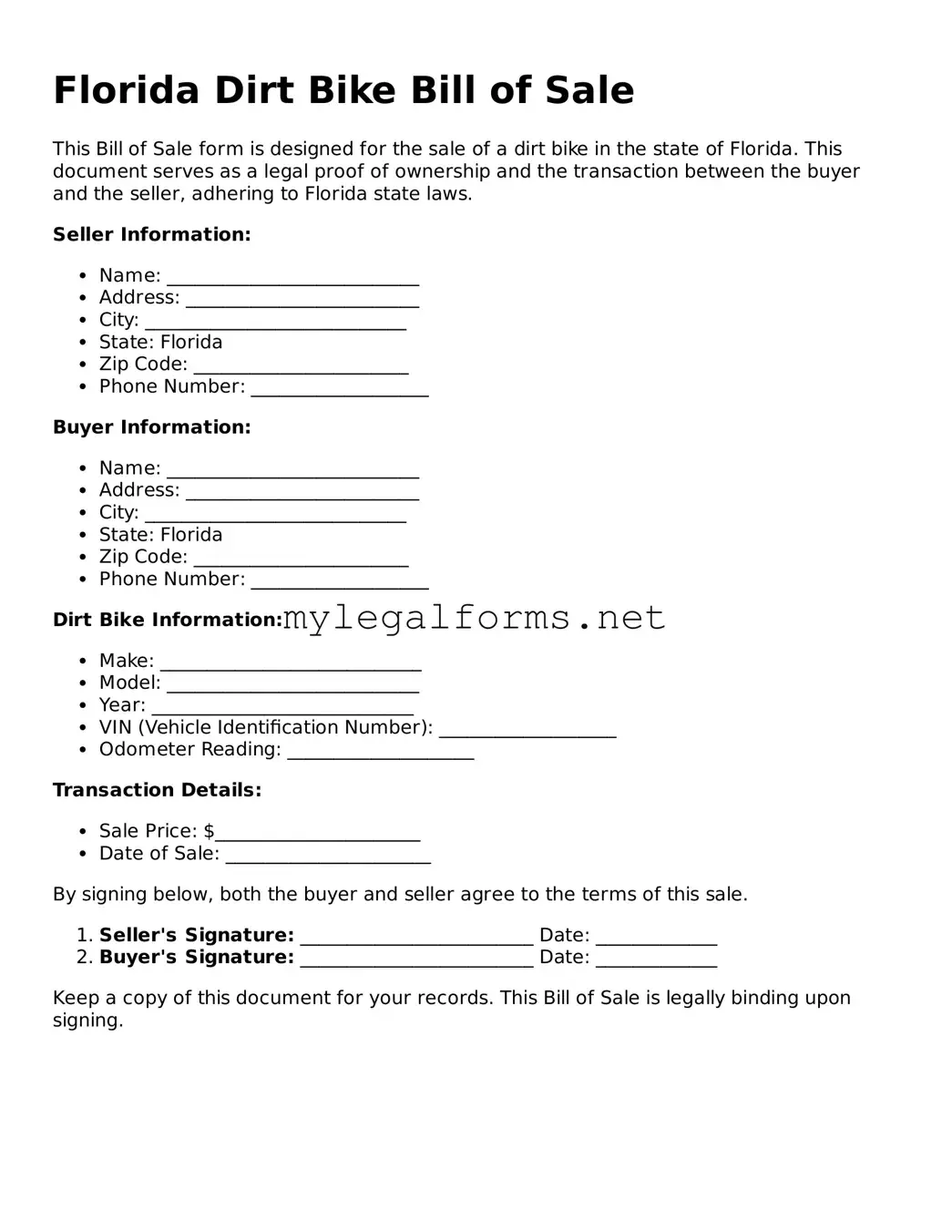 Dirt Bike Bill of Sale Document for Florida State