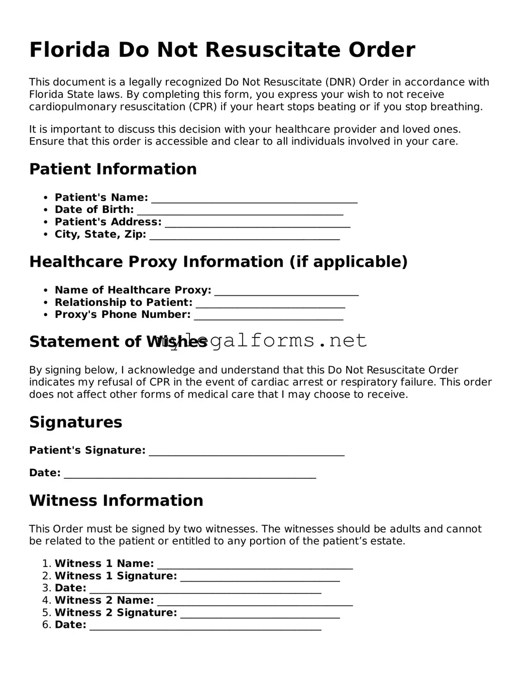 Do Not Resuscitate Order Document for Florida State