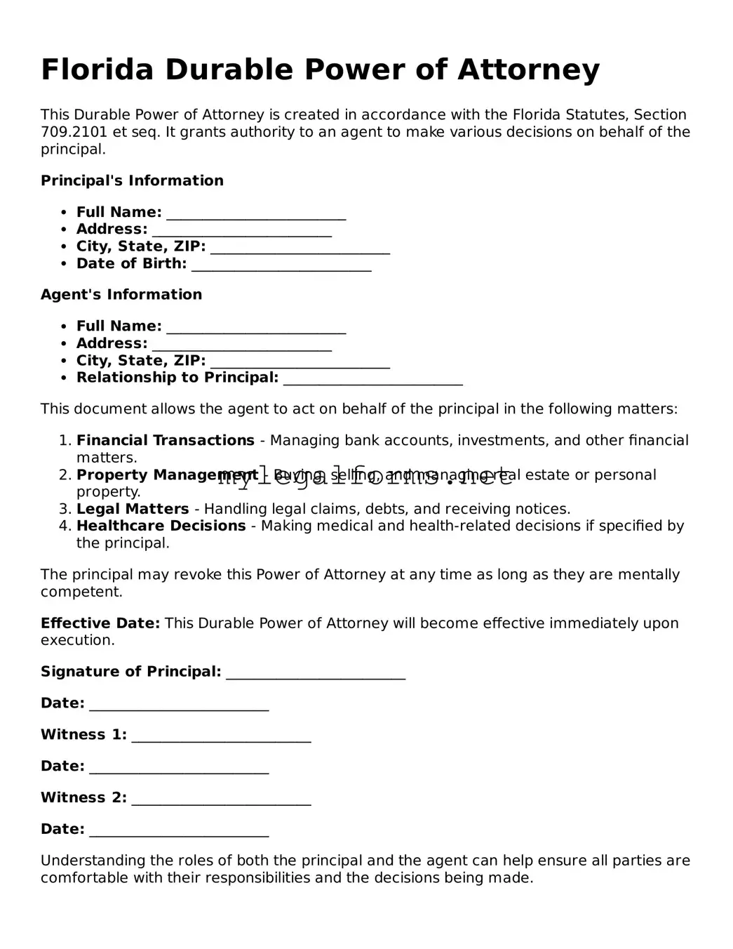 Durable Power of Attorney Document for Florida State