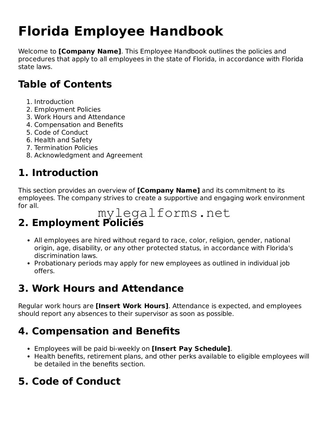Employee Handbook Document for Florida State