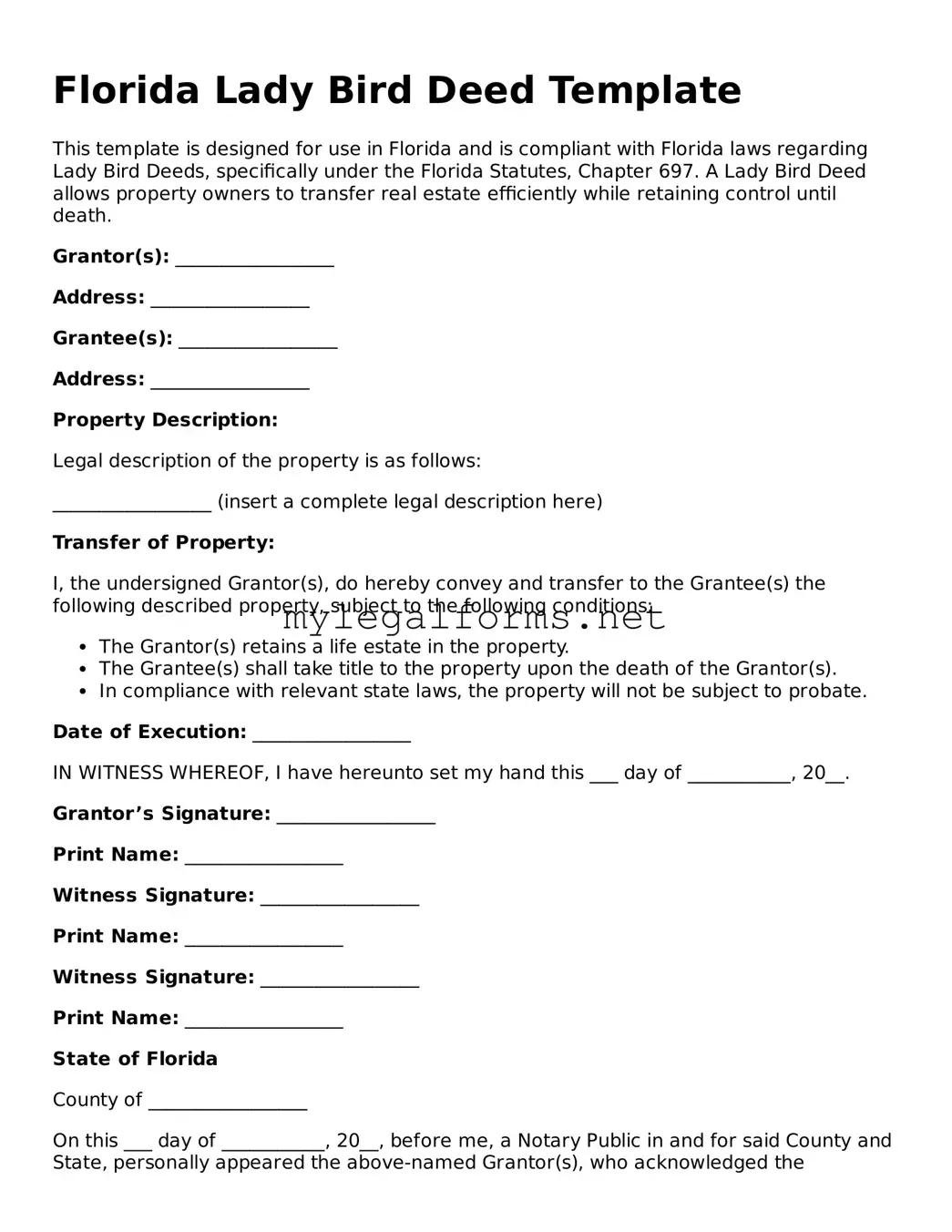 Lady Bird Deed Document for Florida State