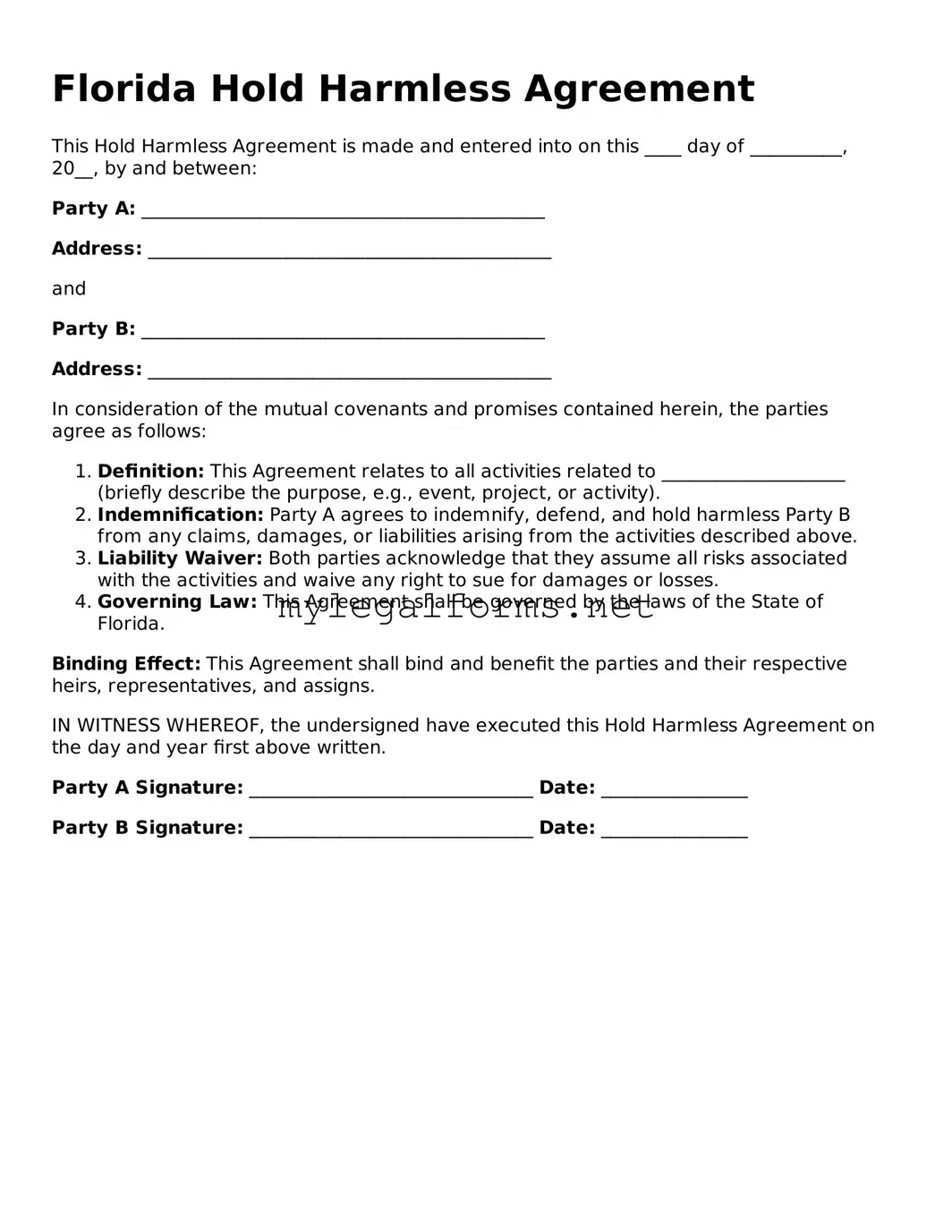 Hold Harmless Agreement Document for Florida State