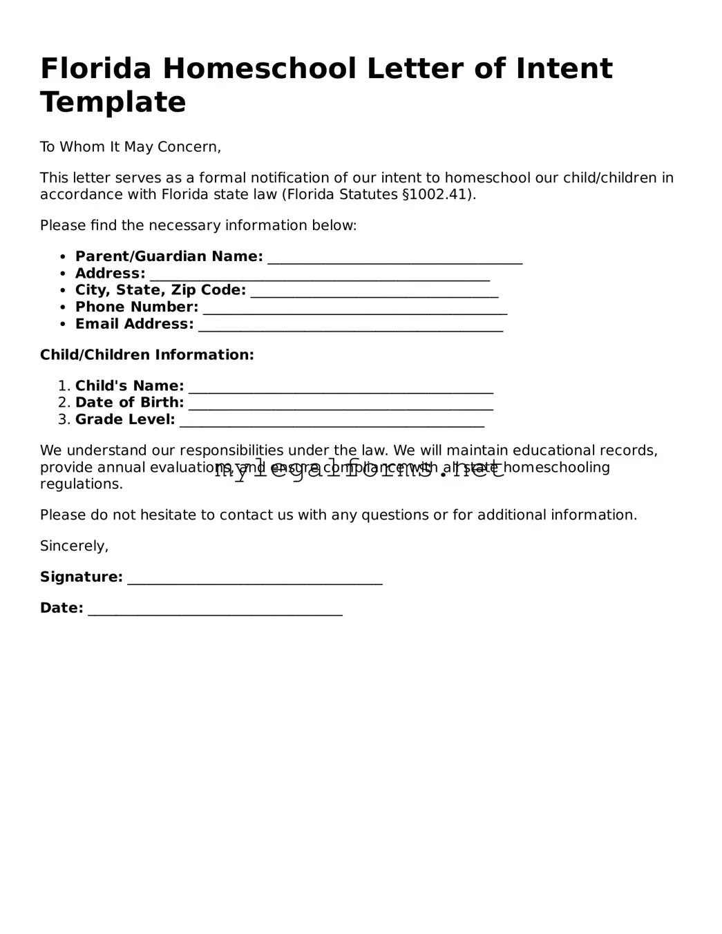 Homeschool Letter of Intent Document for Florida State