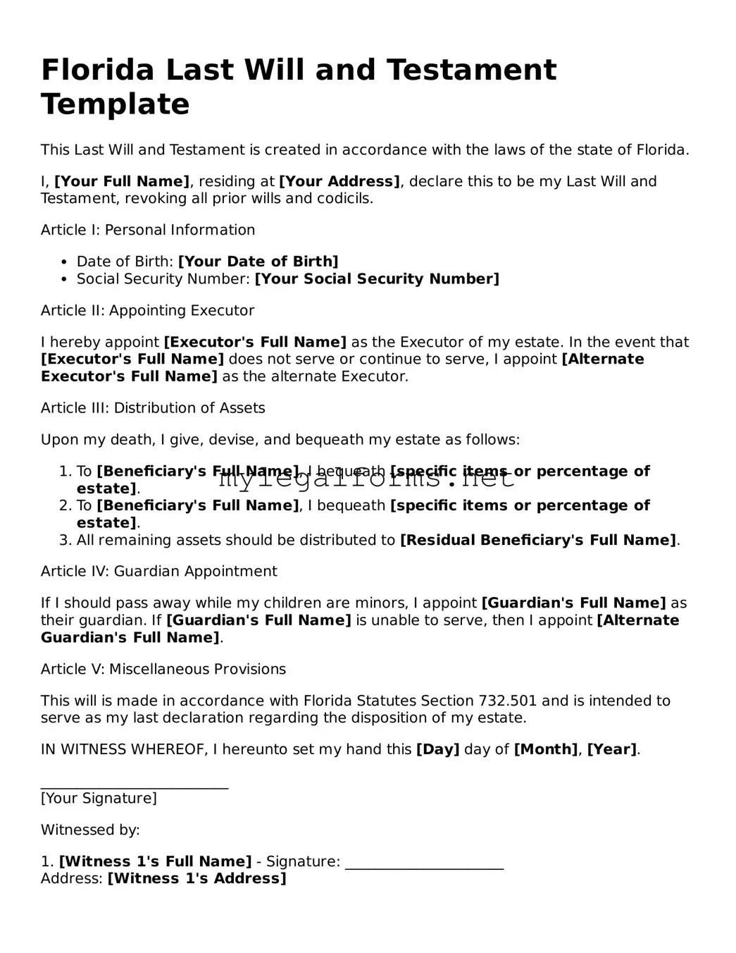 Last Will and Testament Document for Florida State