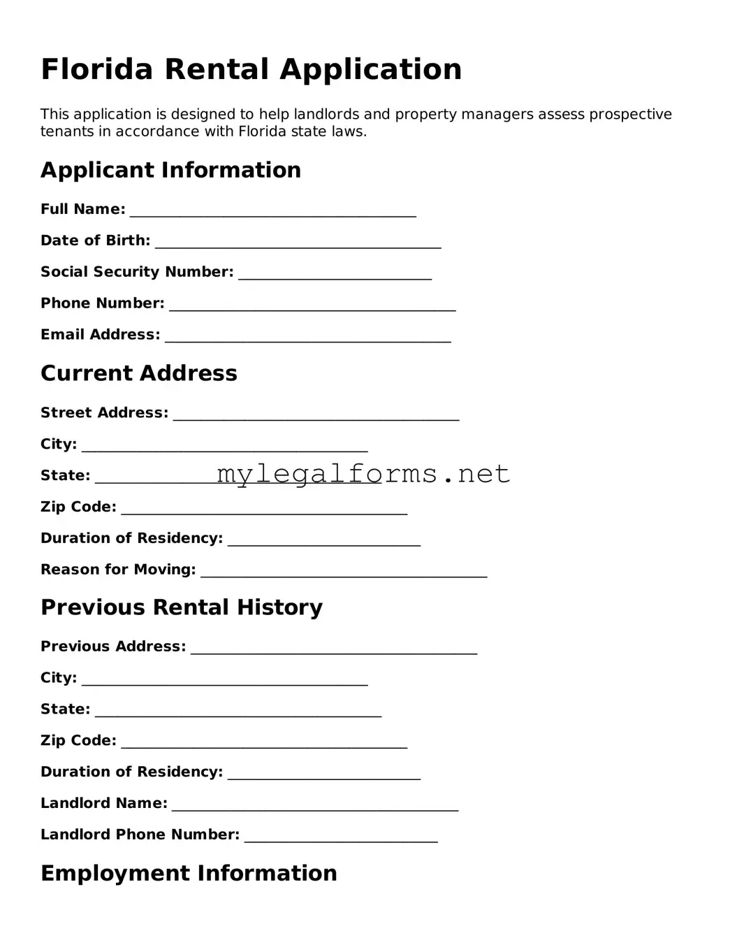 Rental Application Document for Florida State