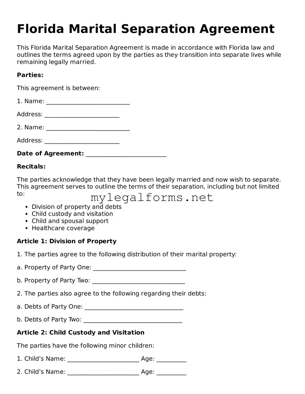 Marital Separation Agreement Document for Florida State