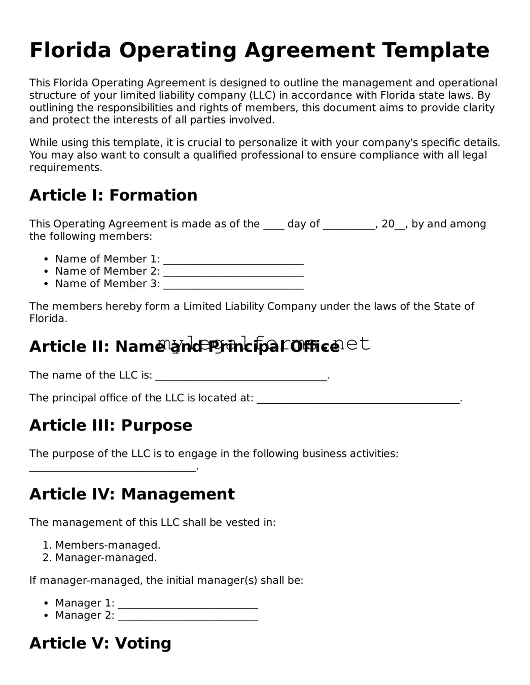 Operating Agreement Document for Florida State