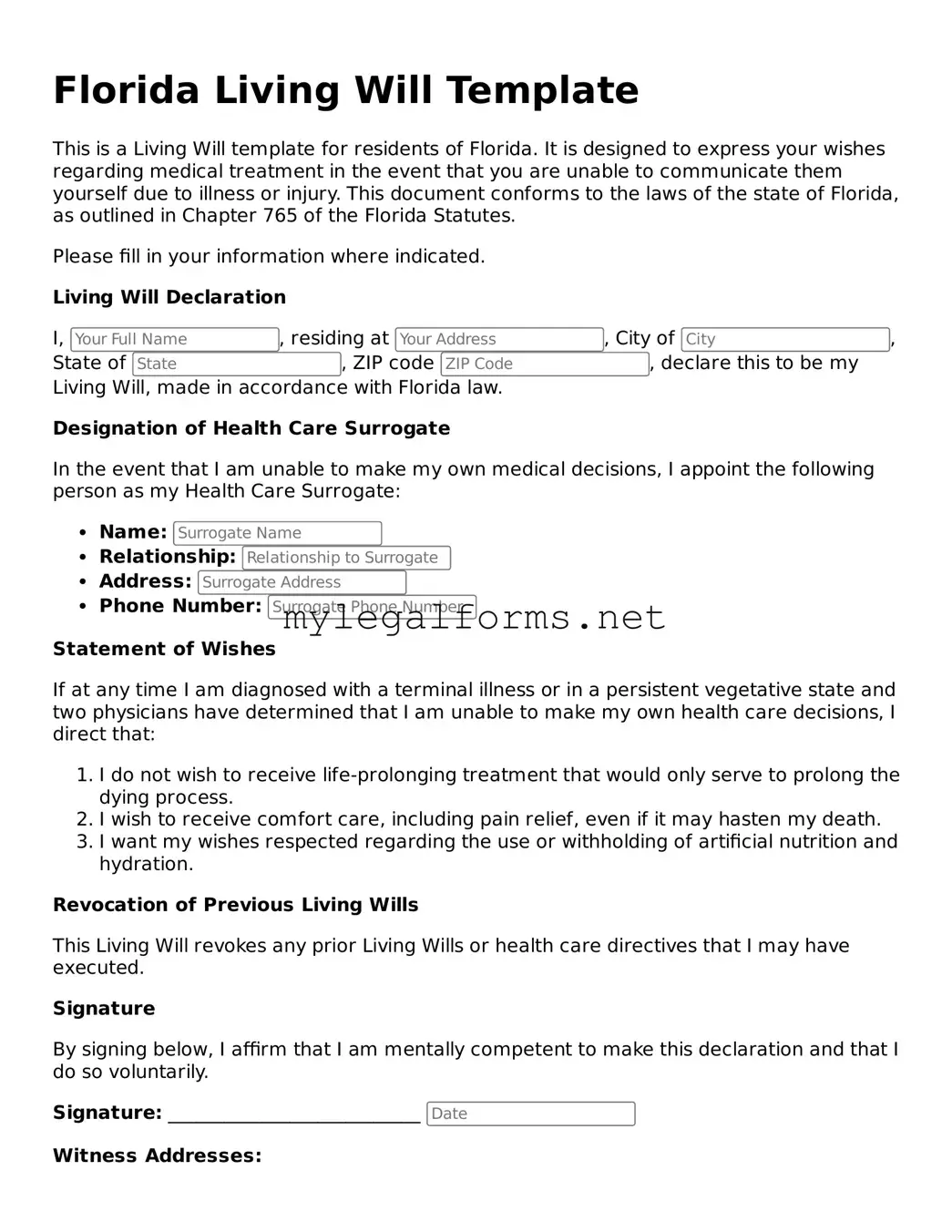 Living Will Document for Florida State